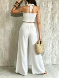 Women Casual Holidays Multi-Way Ruffle Edge Pleated Strapless Top and Wide-Leg Pants Two-Piece Set