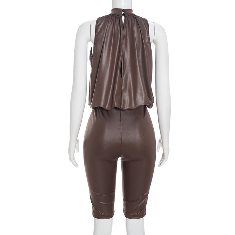 Solid Button-Down Sleeveless Grunge Capri Jumpsuit for Autumn
