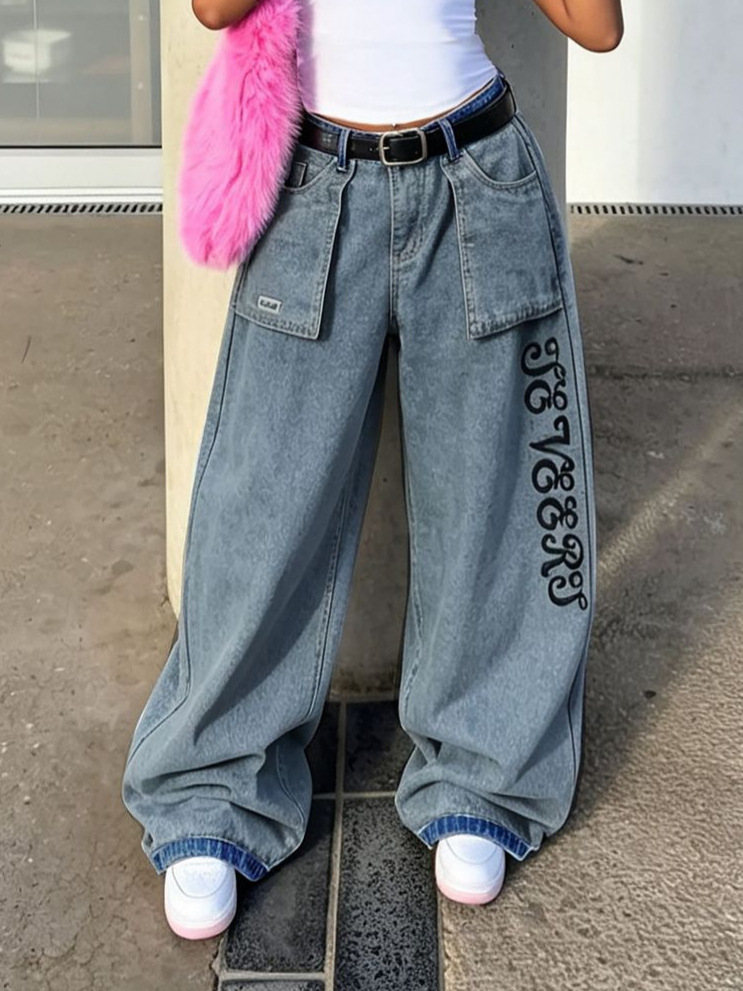 Letter Embroidered Pocket Washed Denim Pants for Streetwear