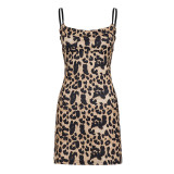 Women Leopard Print Backless Lace-Up Holidays Strap Dress