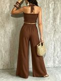 Women Casual Holidays Multi-Way Ruffle Edge Pleated Strapless Top and Wide-Leg Pants Two-Piece Set