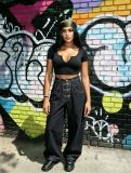 Women Black Color Block Wide-Leg Denim Pant