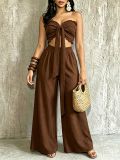 Women Casual Holidays Multi-Way Ruffle Edge Pleated Strapless Top and Wide-Leg Pants Two-Piece Set
