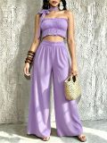Women Casual Holidays Multi-Way Ruffle Edge Pleated Strapless Top and Wide-Leg Pants Two-Piece Set