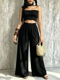 Women Casual Holidays Multi-Way Ruffle Edge Pleated Strapless Top and Wide-Leg Pants Two-Piece Set