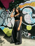 Women Black Color Block Wide-Leg Denim Pant