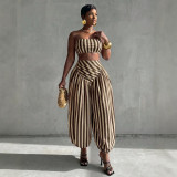 Women Red and White Striped Crop Top and Lantern Pants Two-Piece Set