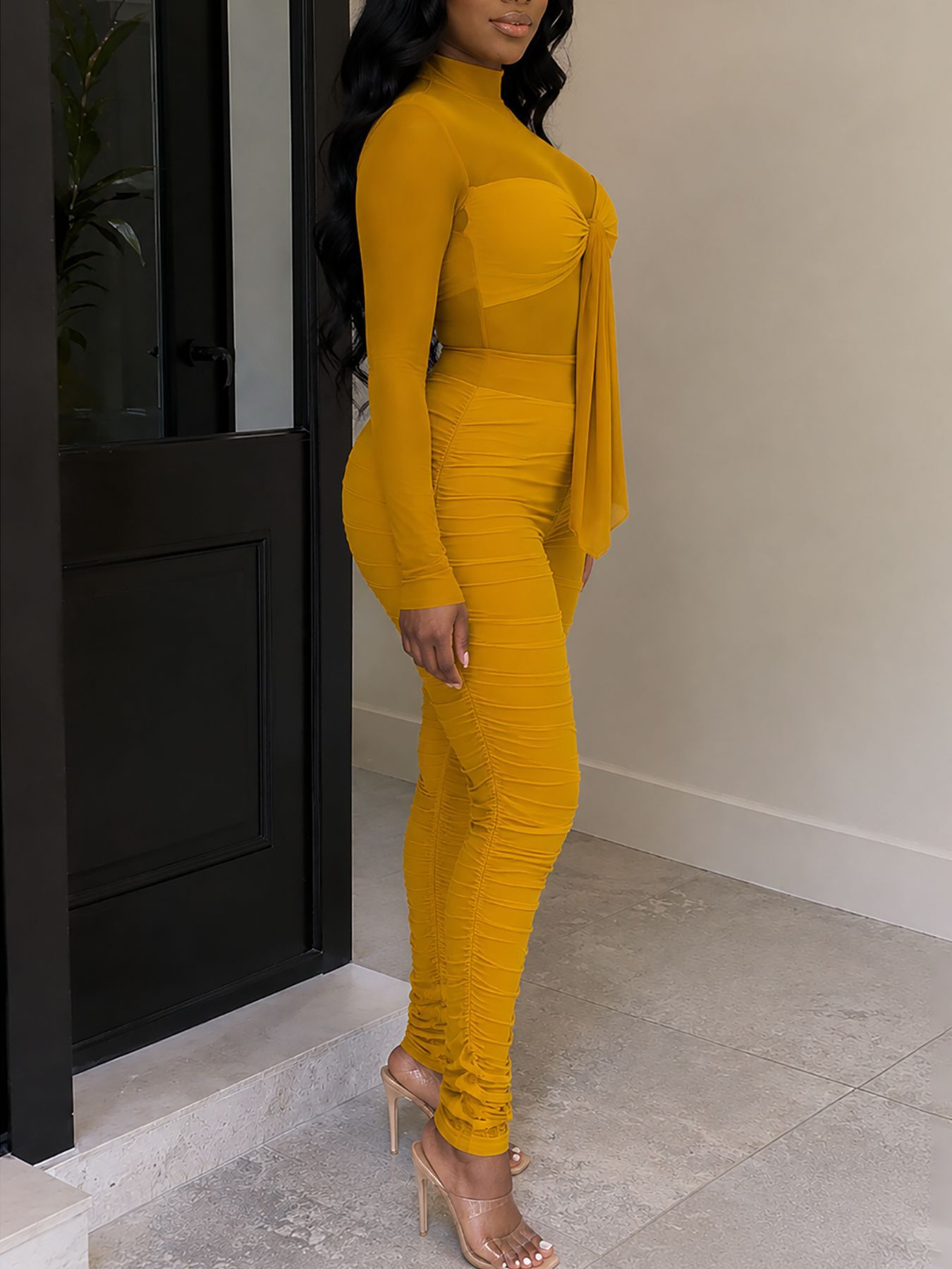 Mesh Patchwork High Neck Long-Sleeve Tie-Waist Ruffled Jumpsuit
