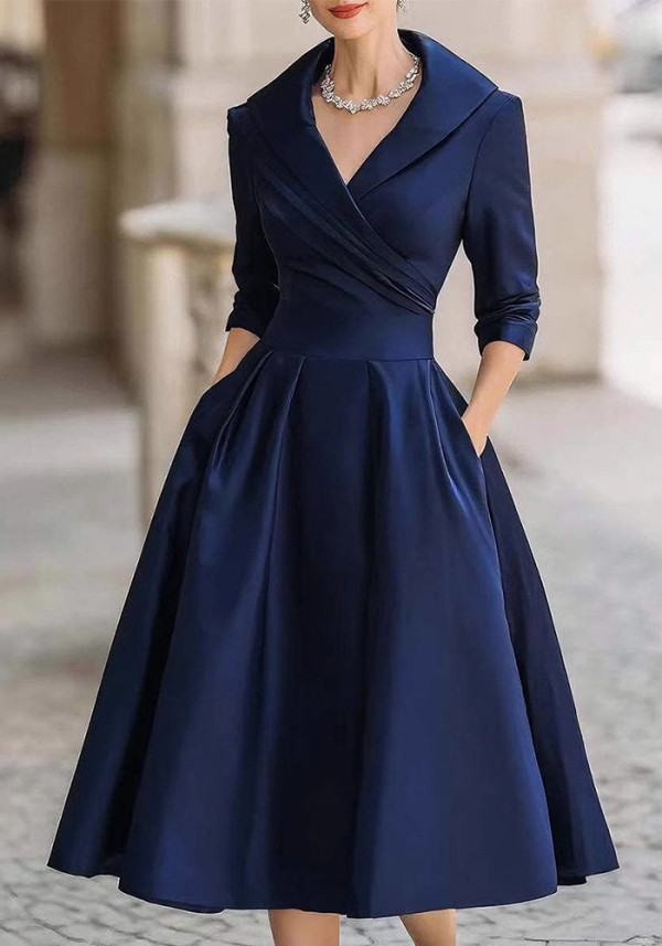 Women Autumn/Winter Solid Elegant Long-Sleeve Dress