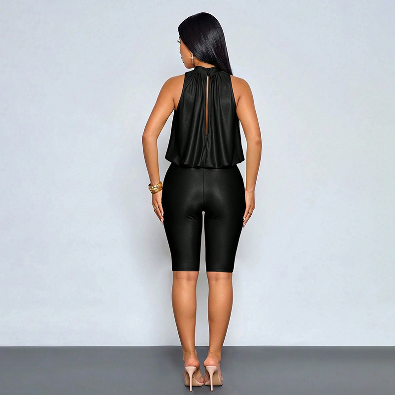 Solid Button-Down Sleeveless Grunge Capri Jumpsuit for Autumn
