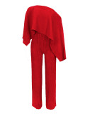 Women Sexy Beach Holidays Solid Slash Shoulder Irregular Off-Shoulder Top and Pocket Pant Two-Piece Set