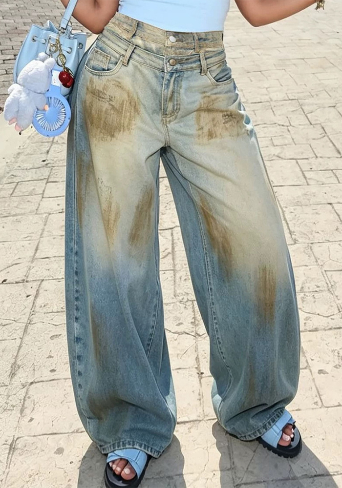 Double Waistband Washed Denim Pants for Streetwear
