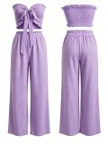 Women Casual Holidays Multi-Way Ruffle Edge Pleated Strapless Top and Wide-Leg Pants Two-Piece Set