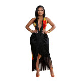 Women Off-Shoulder Halter-Neck Lace-Up Printed Tassel Dress with Irregular Hem