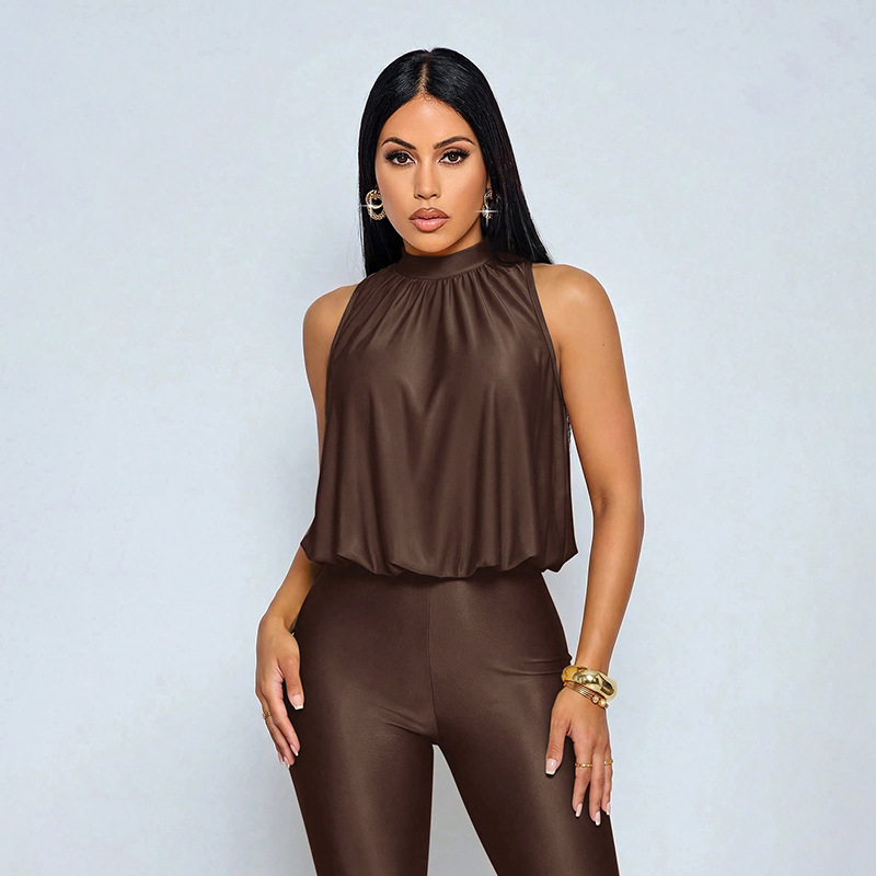 Solid Button-Down Sleeveless Grunge Capri Jumpsuit for Autumn