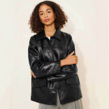 Women Turndown Collar Pu-Leather Jacket