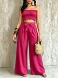 Women Casual Holidays Multi-Way Ruffle Edge Pleated Strapless Top and Wide-Leg Pants Two-Piece Set