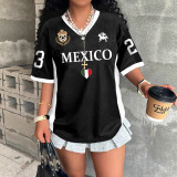 Women Summer Casual V-Neck Short-Sleeved Printed T-Shirt