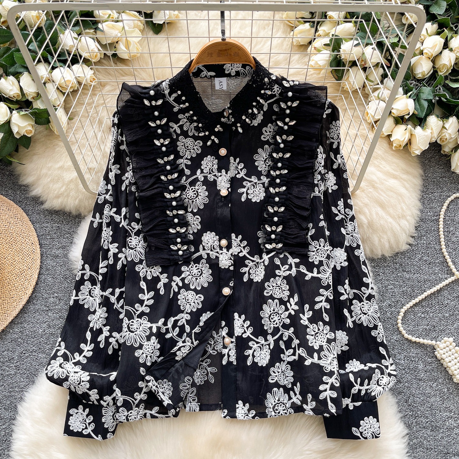 Embroidered Beaded Long-Sleeve Mesh Shirt Top for Autumn