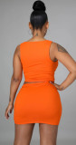 Women Summer Sexy Solid Lace-Up Hollow-Out Top and Skirt Two-Piece Set