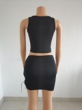 Women Summer Sexy Solid Lace-Up Hollow-Out Top and Skirt Two-Piece Set