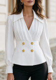 Women V-Neck Cross Pleated Long Sleeve Shirt Top