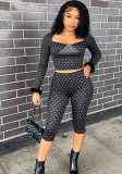 Women Autumn Wide-Neck Polka Dot Print Fur Patchwork Long-Sleeved Crop Top and Capri Pants Two-Piece Set