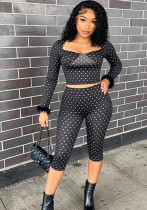 Women Autumn Wide-Neck Polka Dot Print Fur Patchwork Long-Sleeved Crop Top and Capri Pants Two-Piece Set Women Autumn Wide-Neck Polka Dot Print Fur Patchwork Long-Sleeved Crop Top and Capri Pants Two-Piece Set