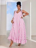 Women Summer Striped Holidays Sleeveless Beach Ruffle Edge Maxi Dress