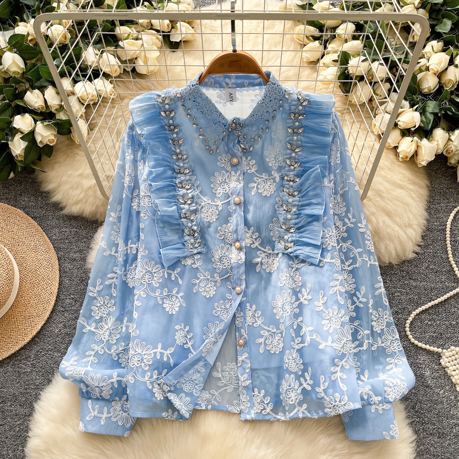 Embroidered Beaded Long-Sleeve Mesh Shirt Top for Autumn