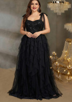 Women's Sequin Strap Slim-Waist Mesh Layered Slit Puff Evening Dress Women's Sequin Strap Slim-Waist Mesh Layered Slit Puff Evening Dress
