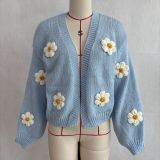 Women Plush Daisy Knitting V-Neck Top Sweaters