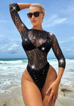 Women's Beaded Y2K Rhinestone Cutout Beach Holiday Mesh Bodysuit