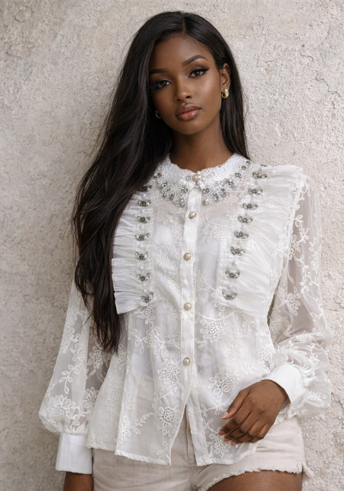 Embroidered Beaded Long-Sleeve Mesh Shirt Top for Autumn