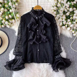 Women Stand Collar Ruffled Patchwork Lace Rhinestone Bell Bottom Sleeve Shirt Top