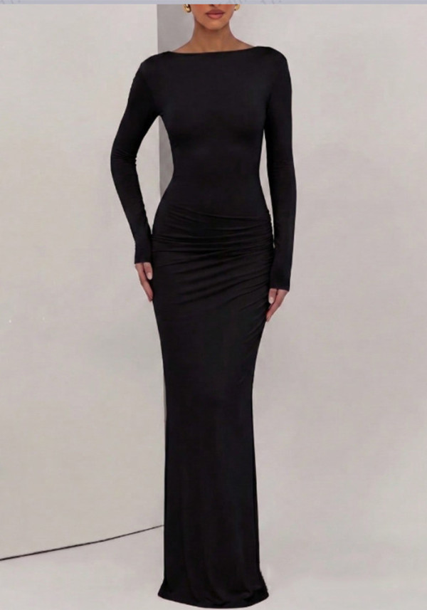 Autumn/Winter Women's Chic Slim-Fit Round Neck Solid-Color Ruched Slit Long-Sleeve Dress