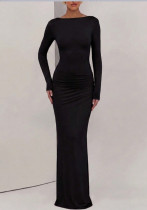 Autumn/Winter Women's Chic Slim-Fit Round Neck Solid-Color Ruched Slit Long-Sleeve Dress Autumn/Winter Women's Chic Slim-Fit Round Neck Solid-Color Ruched Slit Long-Sleeve Dress
