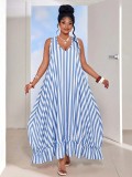 Women Summer Striped Holidays Sleeveless Beach Ruffle Edge Maxi Dress