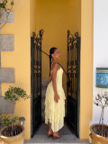 Summer Women's Yellow Strap Dress with Cascading Ruffles for Holiday Wear
