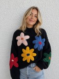 Women Floral High-Neck Knitting Sweater