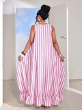 Women Summer Striped Holidays Sleeveless Beach Ruffle Edge Maxi Dress