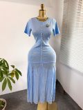 Women's Pearl-Embellished Short-Sleeve Knitted Slim-Waist Pleated Chic Maxi Dress