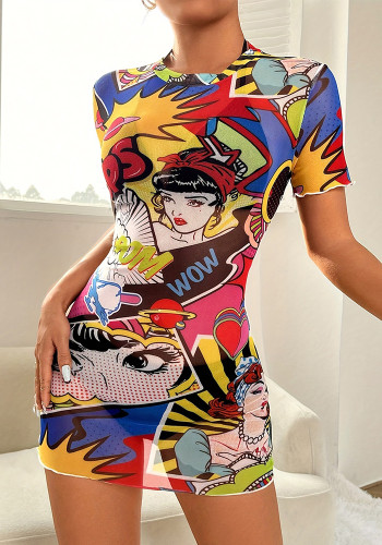 Women Summer Cartoon Print Mesh See-Through Bodycon Dress
