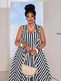 Women Summer Striped Holidays Sleeveless Beach Ruffle Edge Maxi Dress
