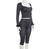 Women Autumn Wide-Neck Polka Dot Print Fur Patchwork Long-Sleeved Crop Top and Capri Pants Two-Piece Set