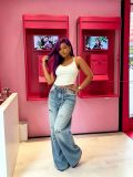 Women's Streetwear Ripped Drawstring Washed Denim Pants