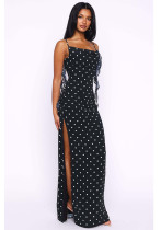 Women's Strap Ruffle Polka Dot Slit Long Dress Women's Strap Ruffle Polka Dot Slit Long Dress