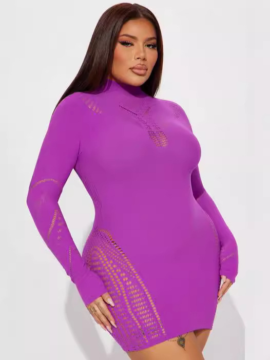 High-Neck Hollow-Out See-Through Long-Sleeve Dress for Summer Clubwear
