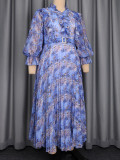 Plus Size Women Printed Pleated Chiffon Ruffle Edge Stand Collar Puff Long Sleeve Belt Maxi Dress
