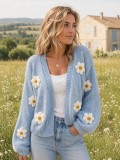 Women Plush Daisy Knitting V-Neck Top Sweaters